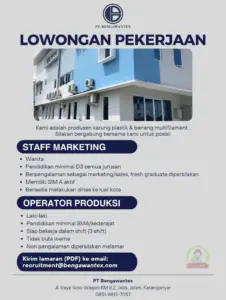 Lowongan Kerja di PT Bengawantex (Staff Marketing & Operator Produksi) – Karanganyar