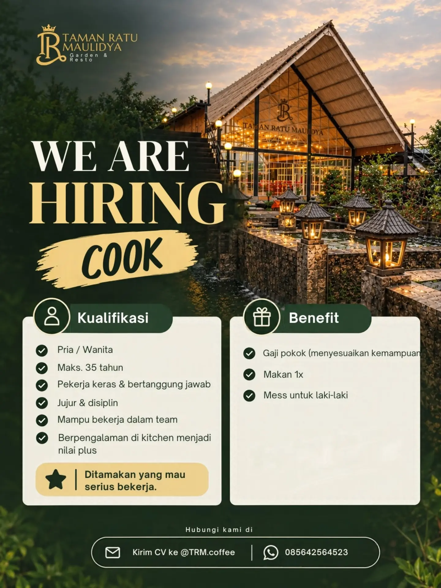 Poster Lowongan Kerja Cook - Taman Ratu Maulidya Garden & Resto