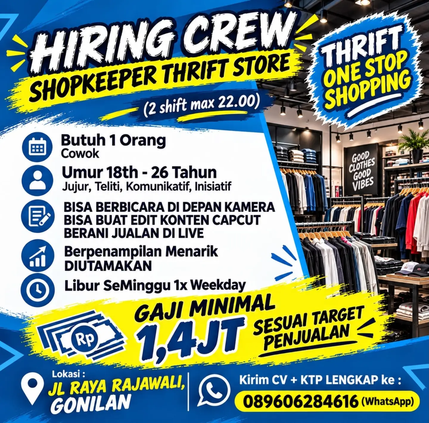 Poster Lowongan Kerja Crew Shopkeeper - Thrift One Stop Shopping