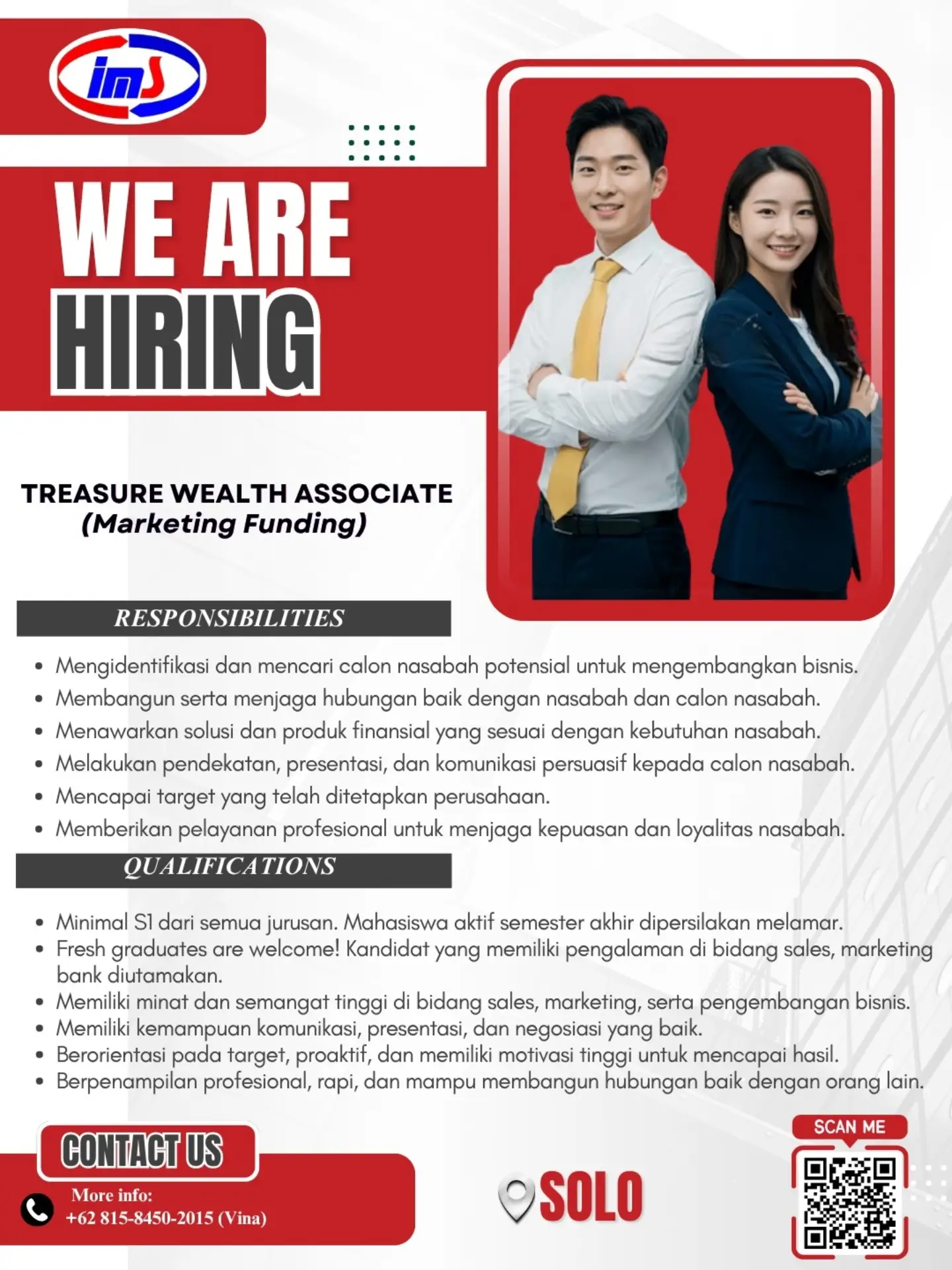 Poster Lowongan Kerja Treasure Wealth Associate (Marketing Funding) - IMS (PT Infomedia Solusi Mandiri / PT Intrias Mandiri Sejati)