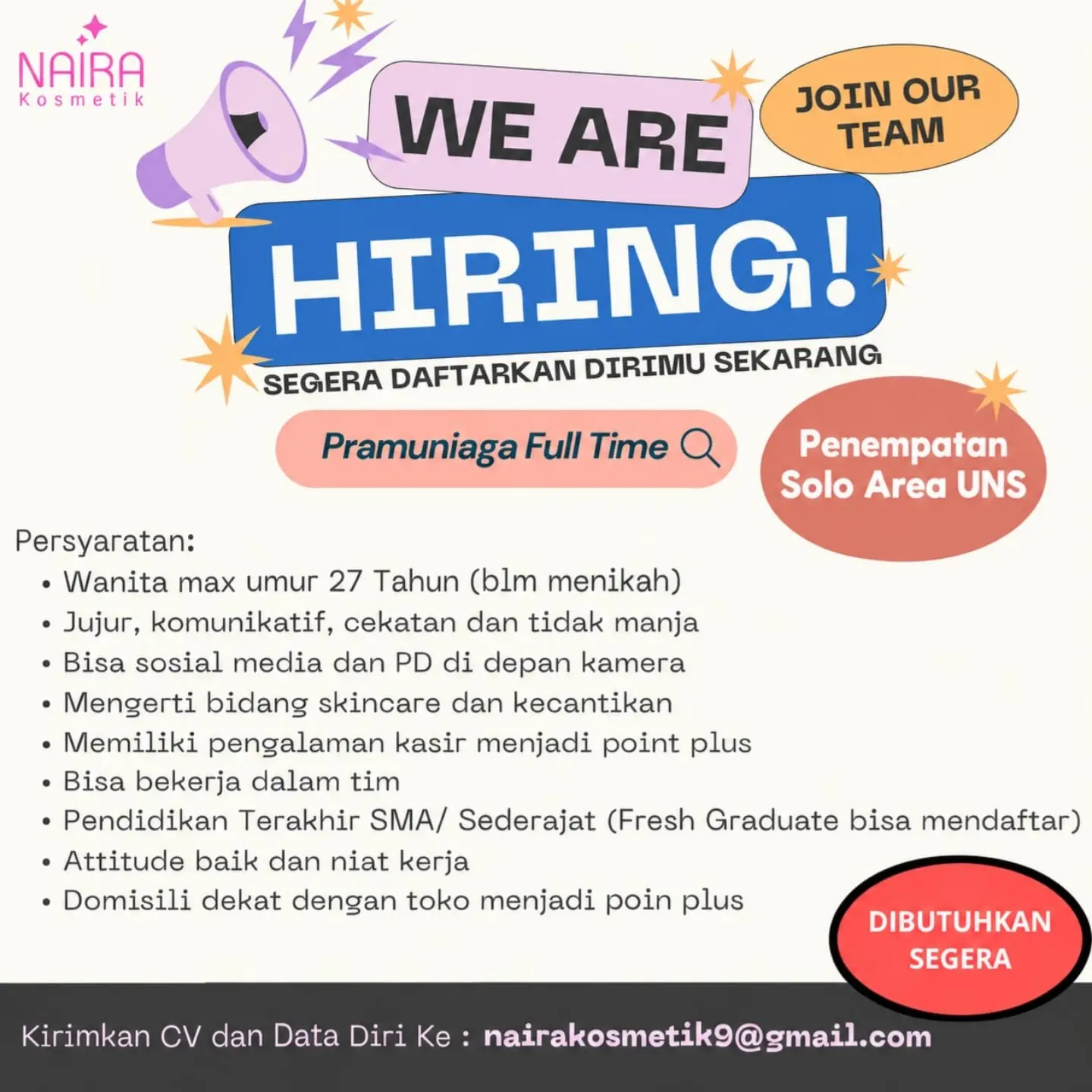 Poster Lowongan Kerja Pramuniaga Full Time - NAIRA Kosmetik