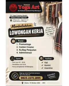 Lowongan Kerja di CV. Yoga Pratama Mandiri (Galery Lurik Yoga Art) (4 Posisi (Pramuniaga, Content Creator, dll)) – Klaten