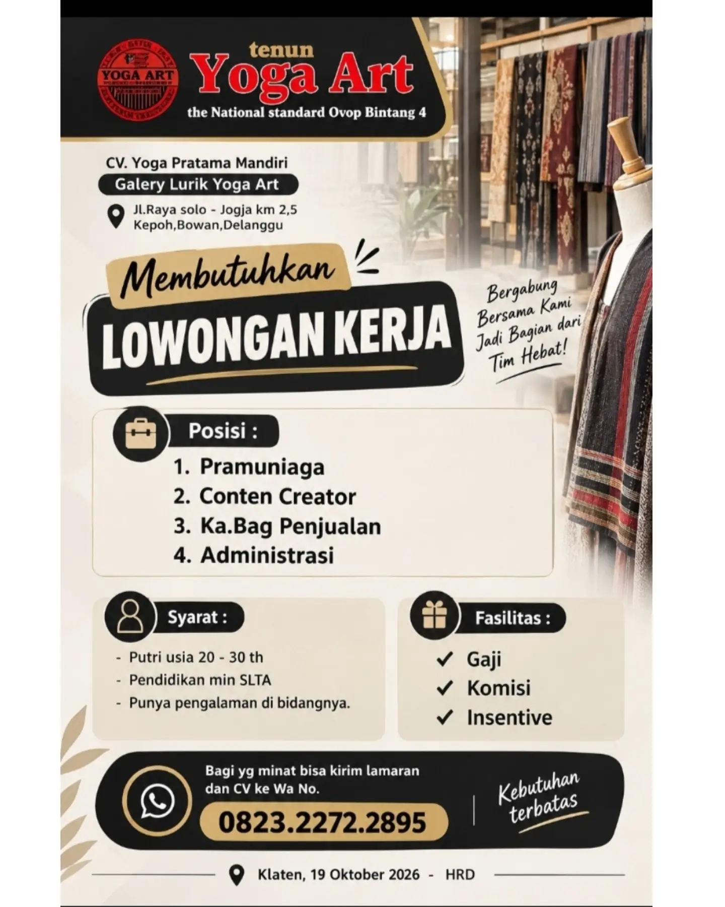 Poster Lowongan Kerja CV. Yoga Pratama Mandiri (Galery Lurik Yoga Art)