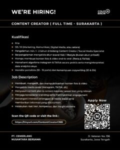 Lowongan Kerja di Cold ‘N Brew Coffee Co. / PT. CEMERLANG NUSANTARA BERSAMA (CONTENT CREATOR (FULL TIME) & BARISTA (FULL TIME)) – Solo