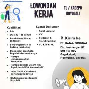 Lowongan Kerja TL / KADEPO di PT. RAJAA TUNGGAL (Boyolali)