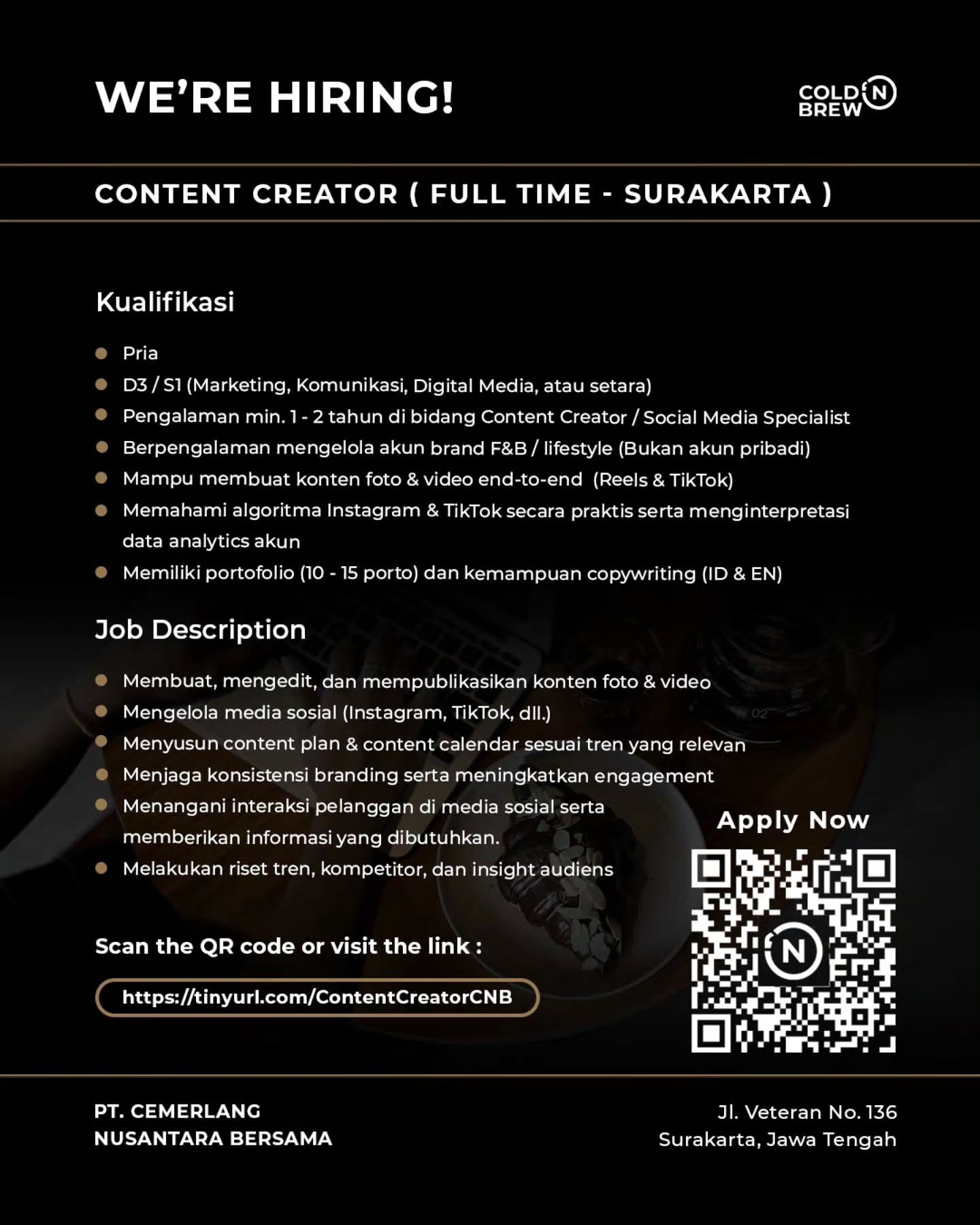 Poster Lowongan Kerja Cold 'N Brew Coffee Co. / PT. CEMERLANG NUSANTARA BERSAMA Slide 1