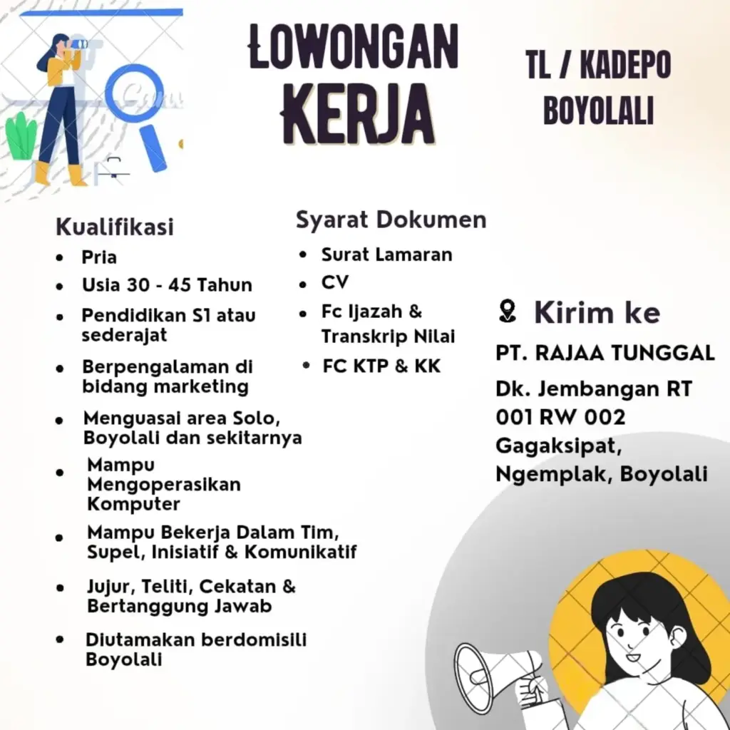 Poster Lowongan Kerja TL / KADEPO - PT. RAJAA TUNGGAL
