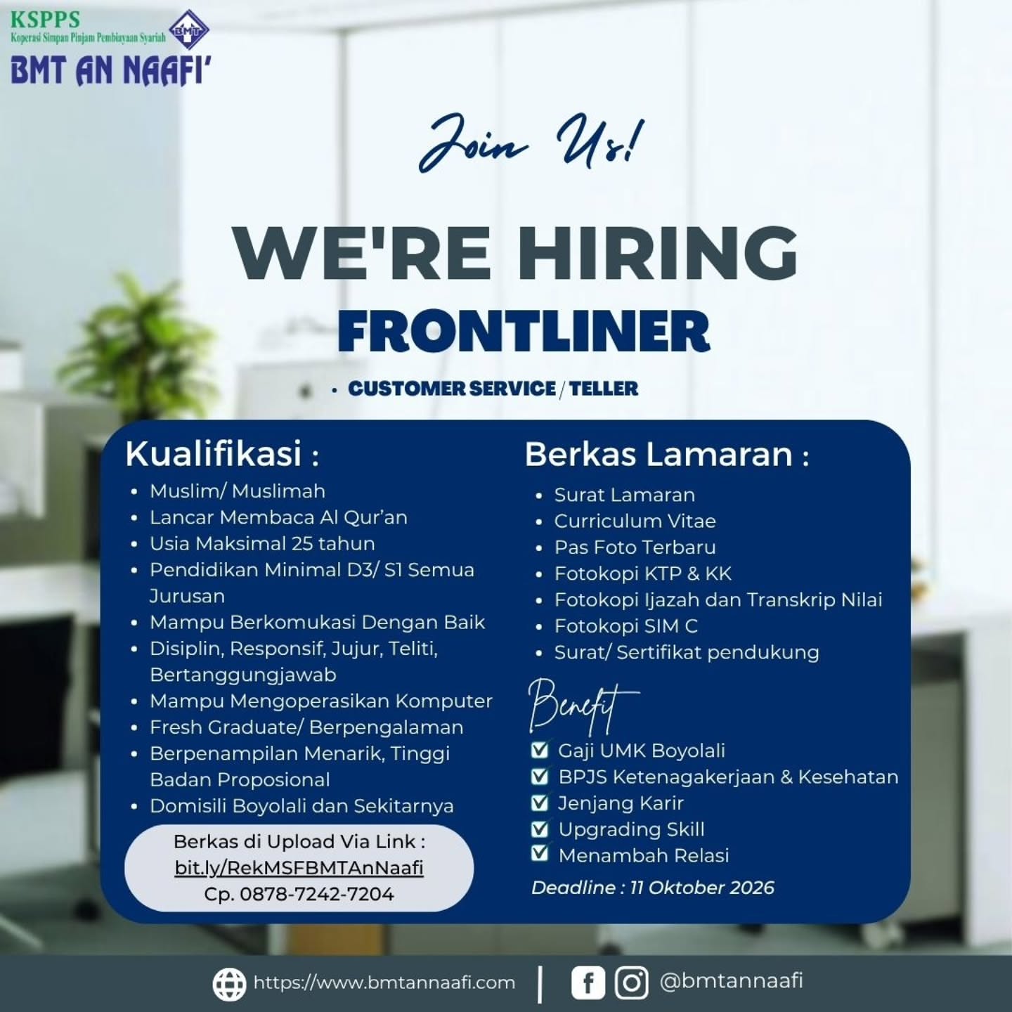 Poster Lowongan Kerja Frontliner (Customer Service/ Teller) - KSPPS BMT An Naafi'