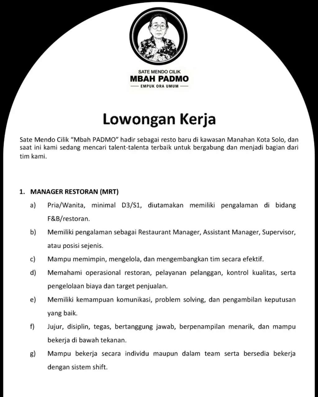 Poster Lowongan Kerja Manager Restoran - Sate Mendo Cilik Mbah PADMO