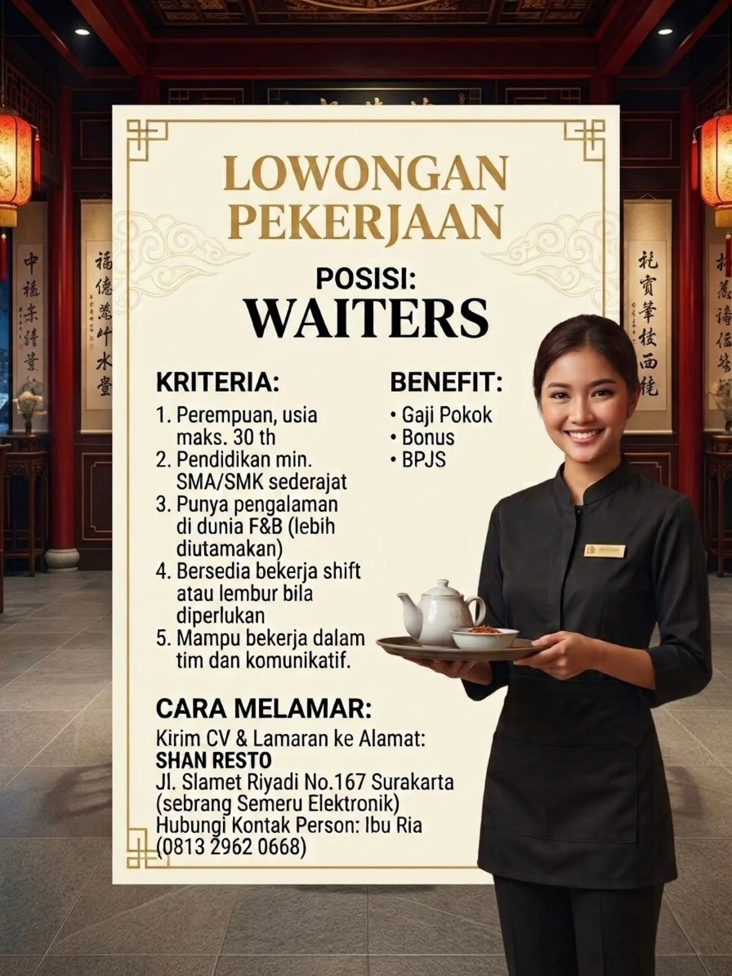 Poster Lowongan Kerja Waiters - Shan Resto