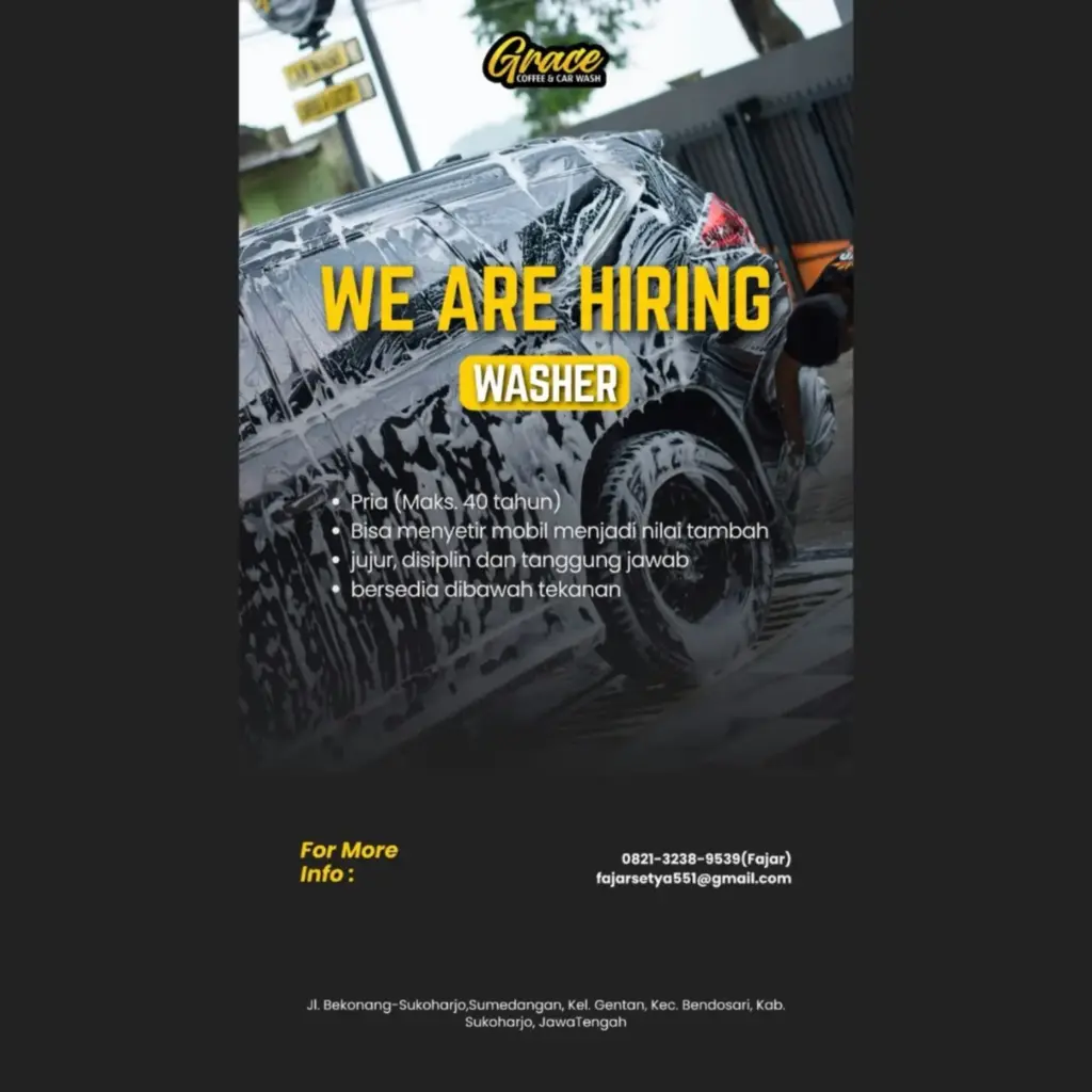 Poster Lowongan Kerja Washer - Grace Coffee & Car Wash