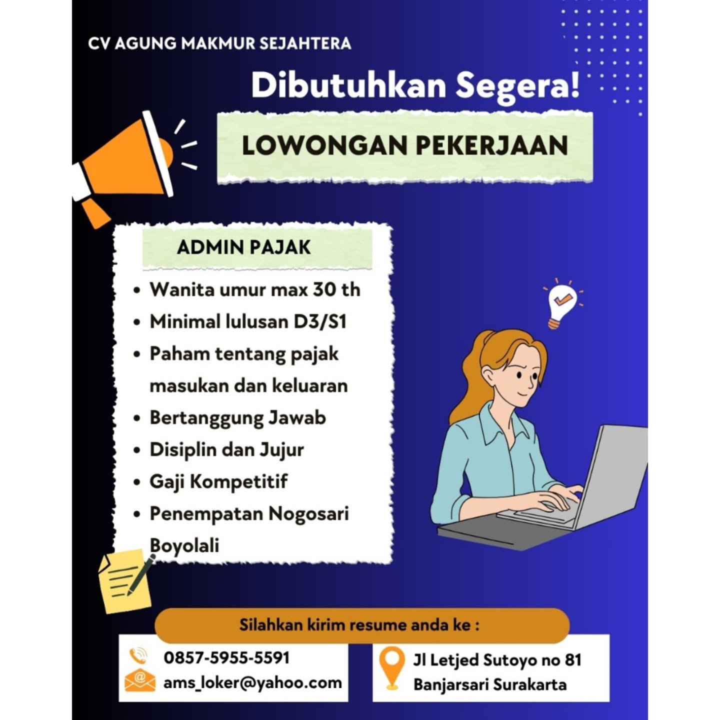 Poster Lowongan Kerja CV AGUNG MAKMUR SEJAHTERA Slide 1