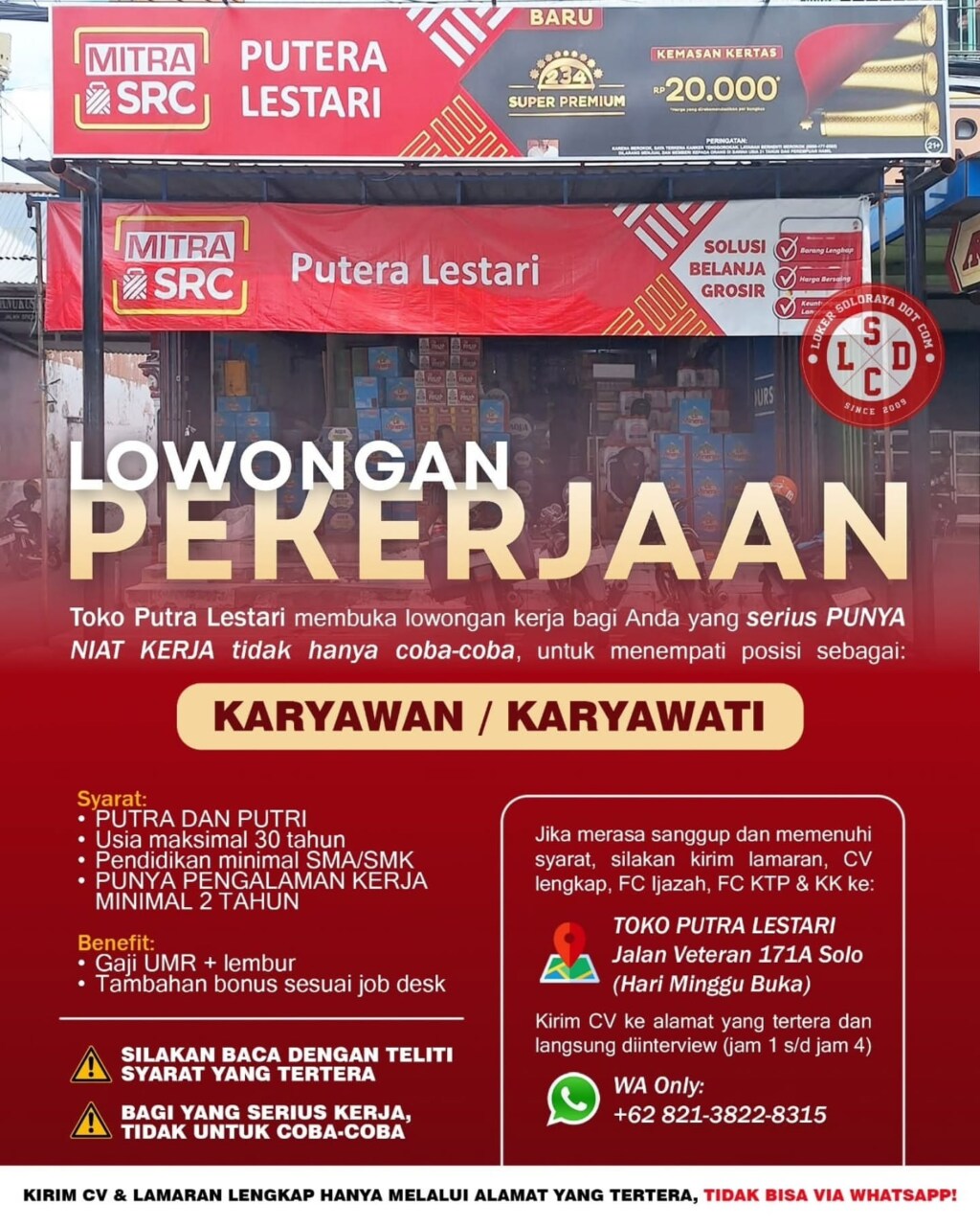 Poster Lowongan Kerja Karyawan / Karyawati - Toko Putra Lestari