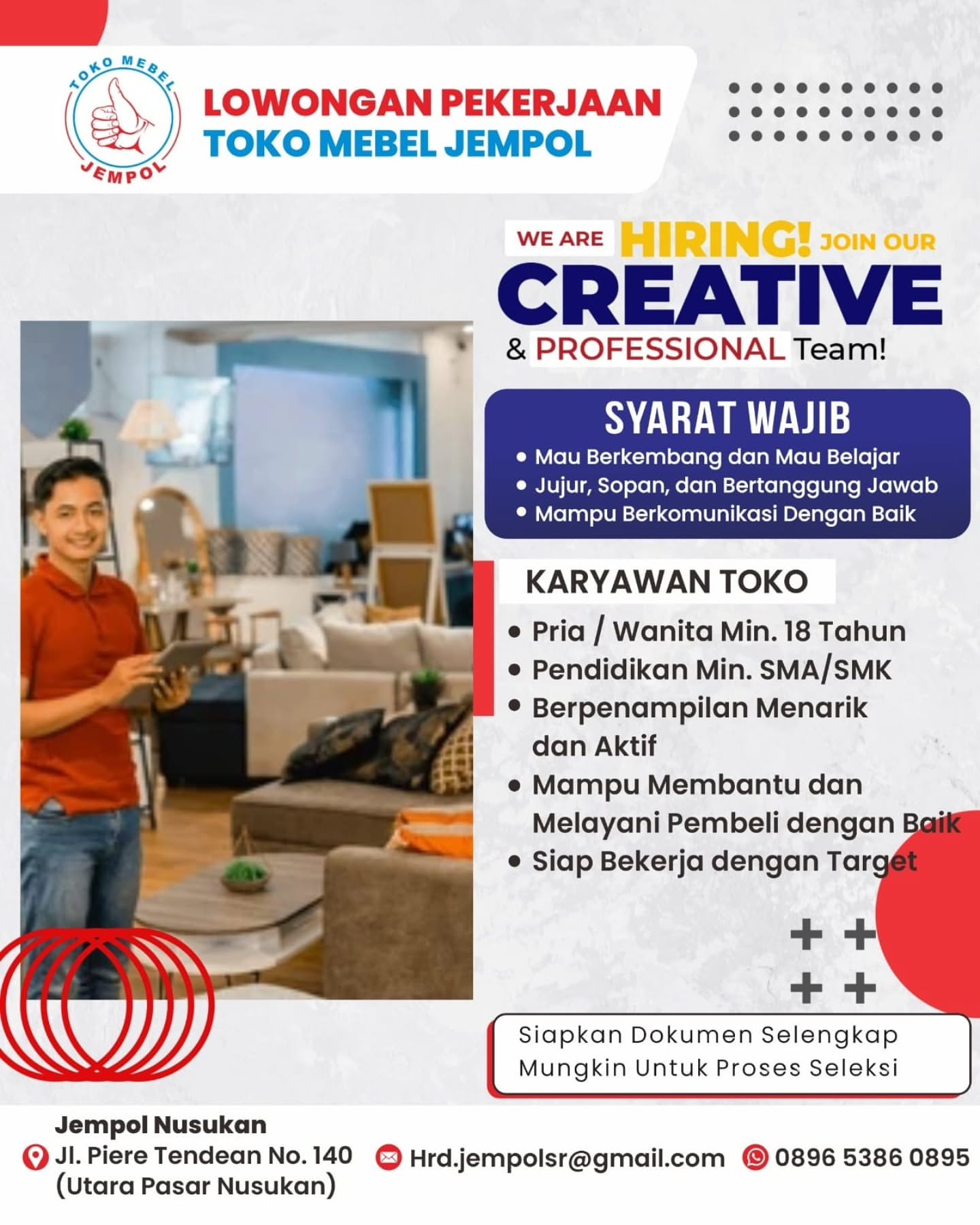 Poster Lowongan Kerja Karyawan Toko - Toko Mebel Jempol Nusukan
