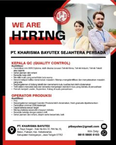 Lowongan Kerja di PT Kharisma Bayutex Sejahtera Persada (4 Posisi (KEPALA QC (QUALITY CONTROL), OPERATOR PRODUKSI, dll)) – Karanganyar