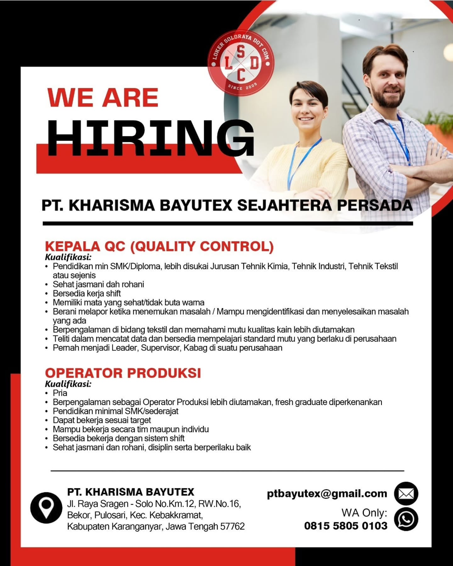 Poster Lowongan Kerja PT Kharisma Bayutex Sejahtera Persada Slide 1