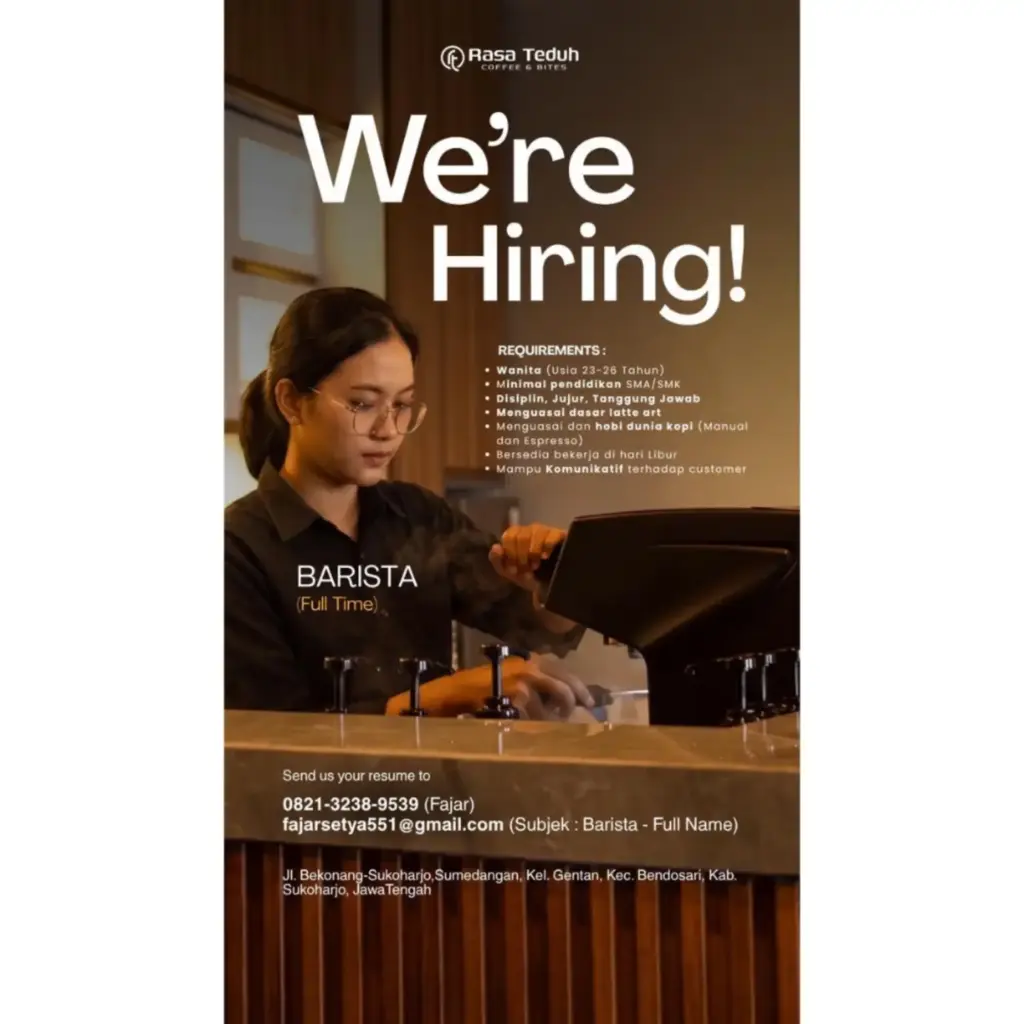 Poster Lowongan Kerja Barista (Full Time) - Rasa Teduh Coffee & Bites