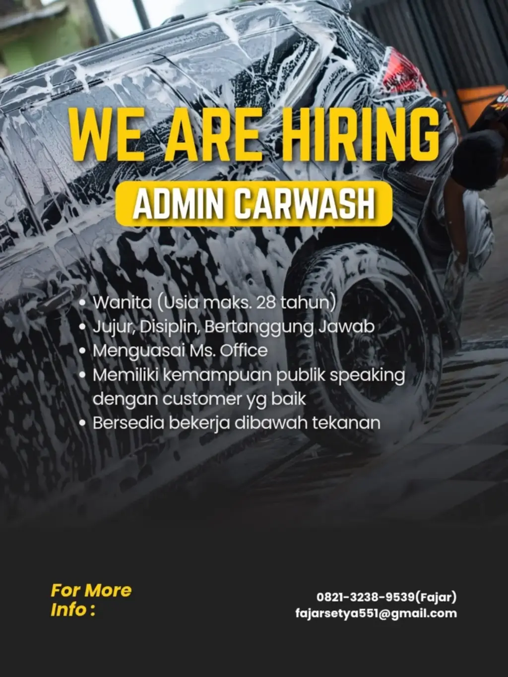 Poster Lowongan Kerja Admin Carwash - Grace Coffee & Car Wash