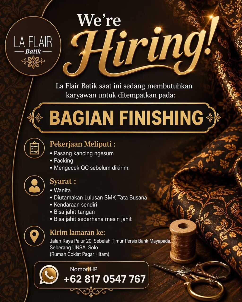 Poster Lowongan Kerja BAGIAN FINISHING - LA FLAIR BATIK
