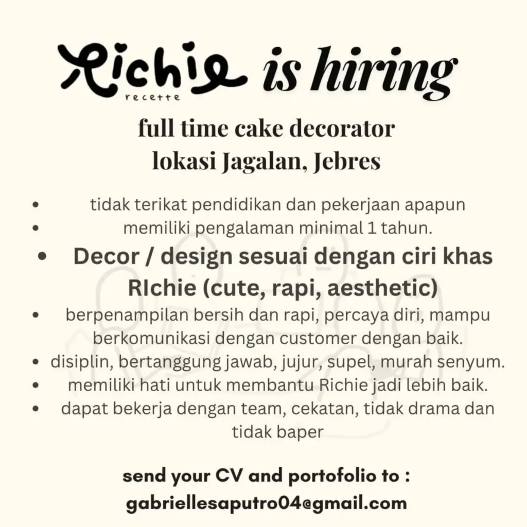 Poster Lowongan Kerja FULLTIME CAKE DECORATOR - Richie Recette