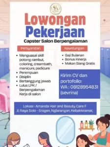 Lowongan Kerja CAPSTER SALON BERPENGALAMAN di Amanda Hair and Beauty Care (Kebakkramat, Karanganyar)