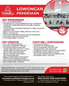 Lowongan Kerja di CANDI ELEKTRONIK (12 Posisi (SPV Pengiriman, SPV Logistik, dll)) – Sukoharjo