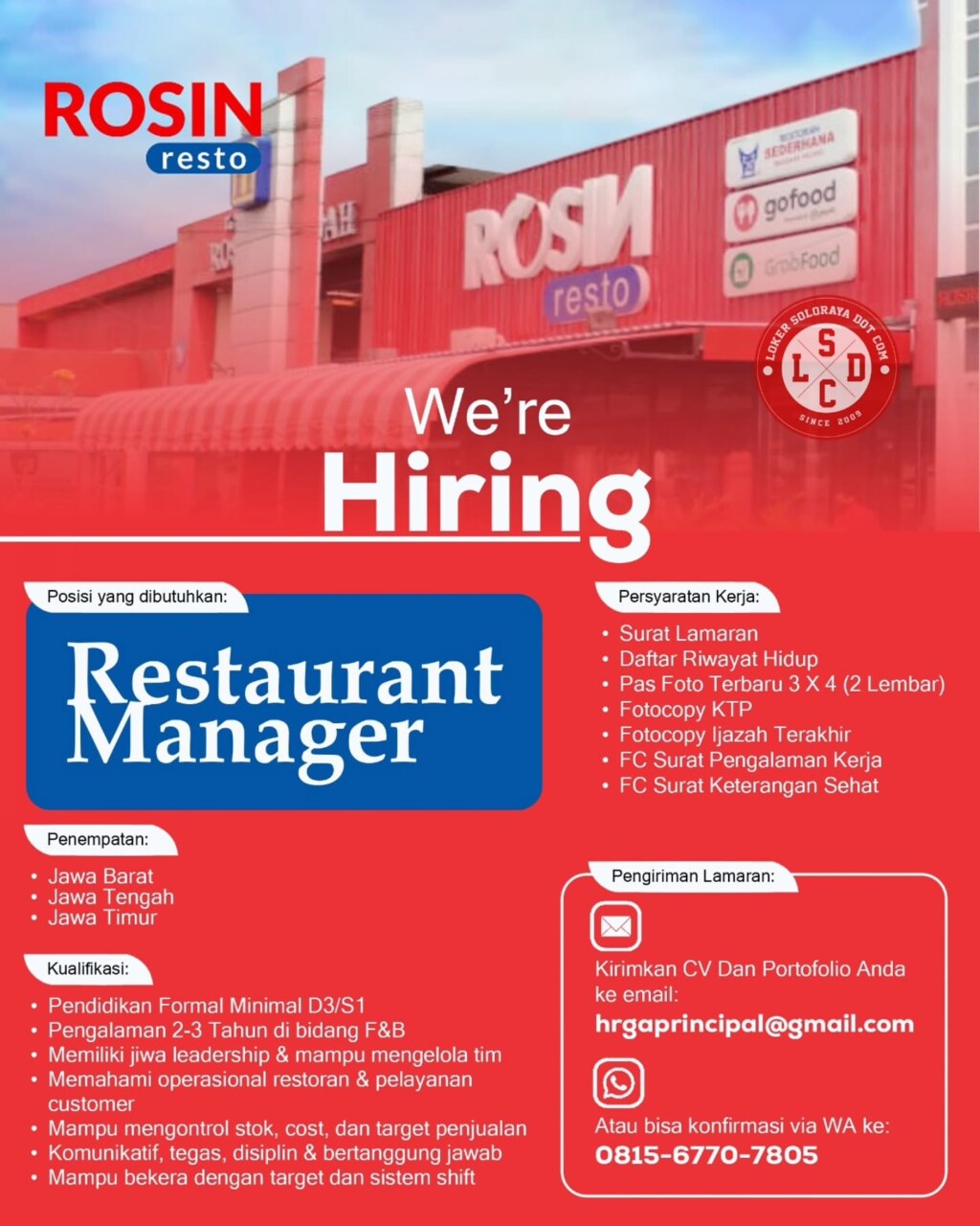 Poster Lowongan Kerja Restaurant Manager - Rosin Resto
