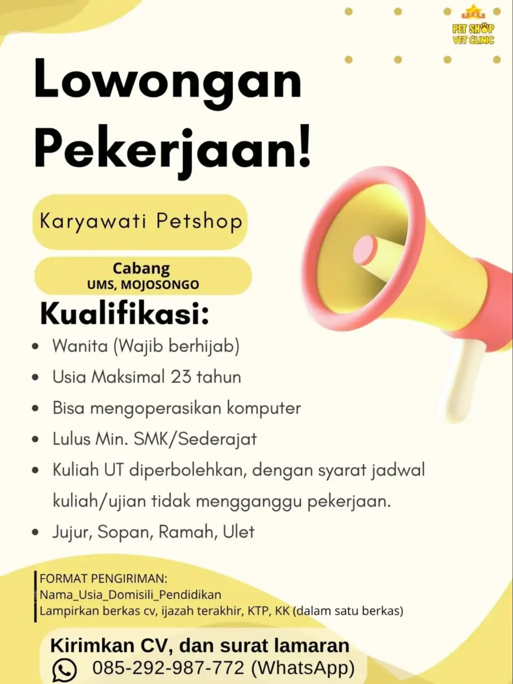 Poster Lowongan Kerja Karyawati Petshop - PET SHOP VET CLINIC