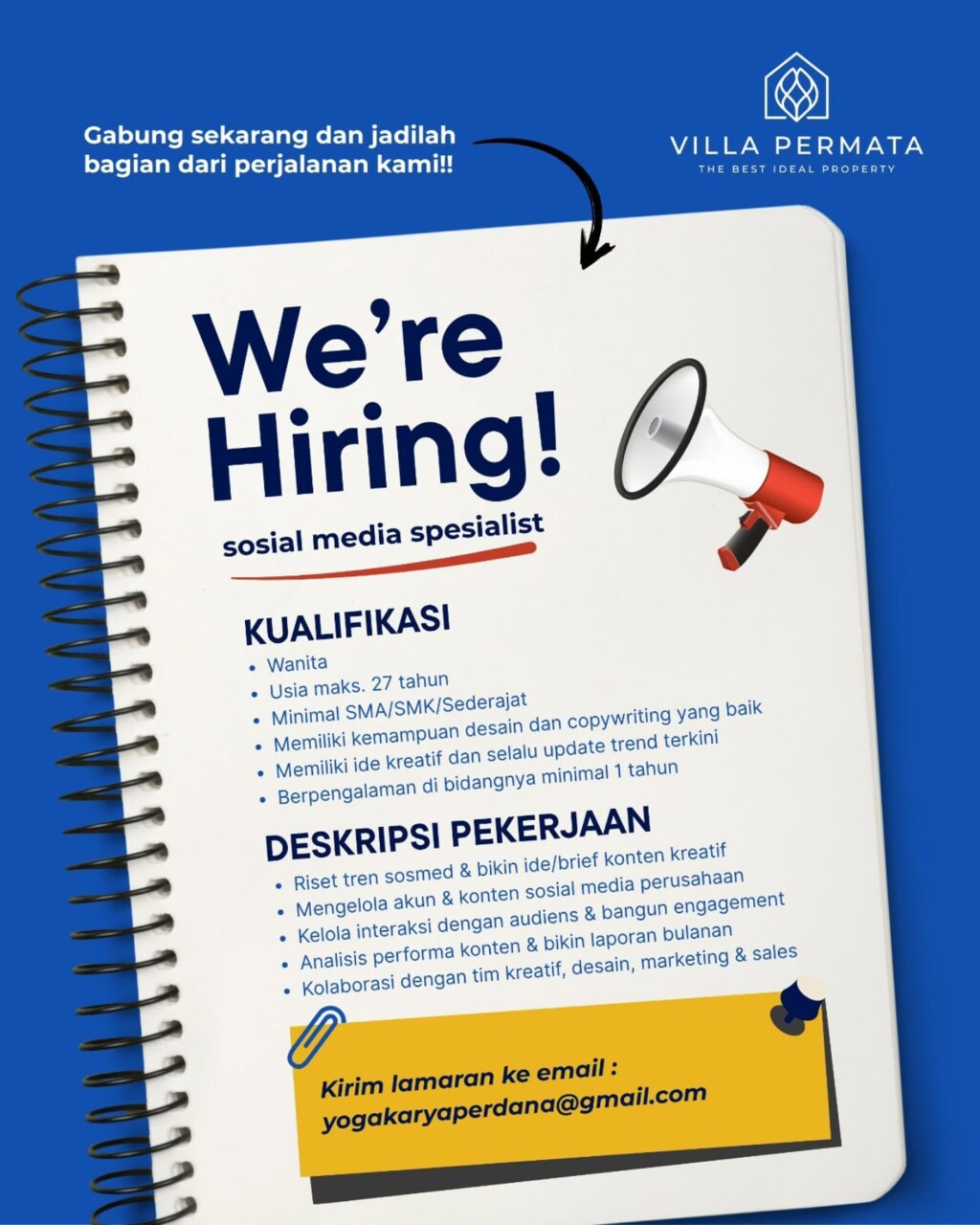 Poster Lowongan Kerja Social Media Specialist - Villa Permata Group
