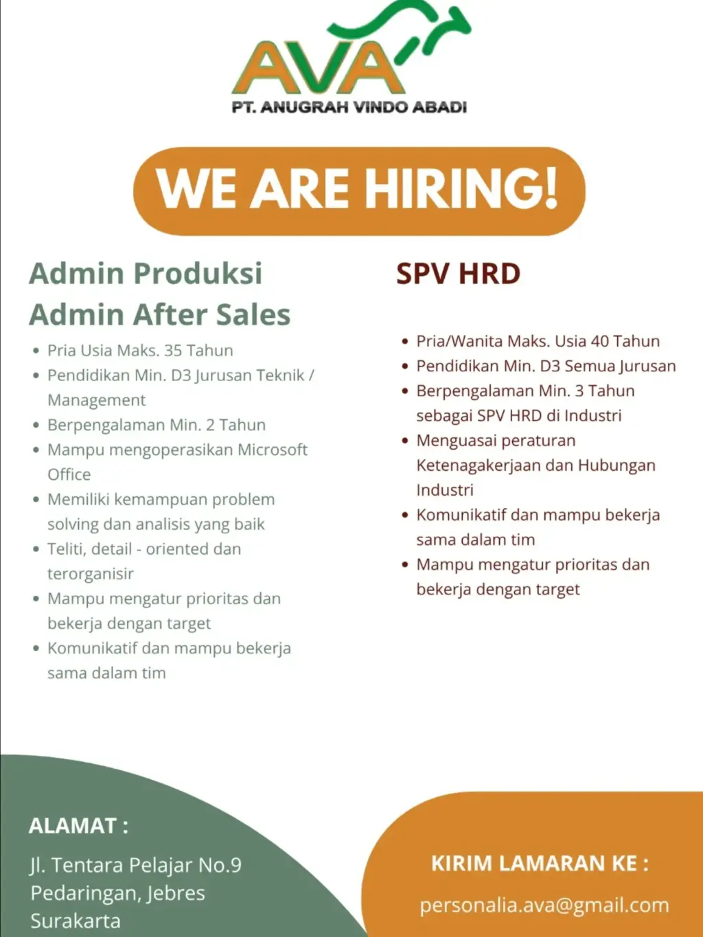 Poster Lowongan Kerja PT ANUGRAH VINDO ABADI (AVA) Slide 1
