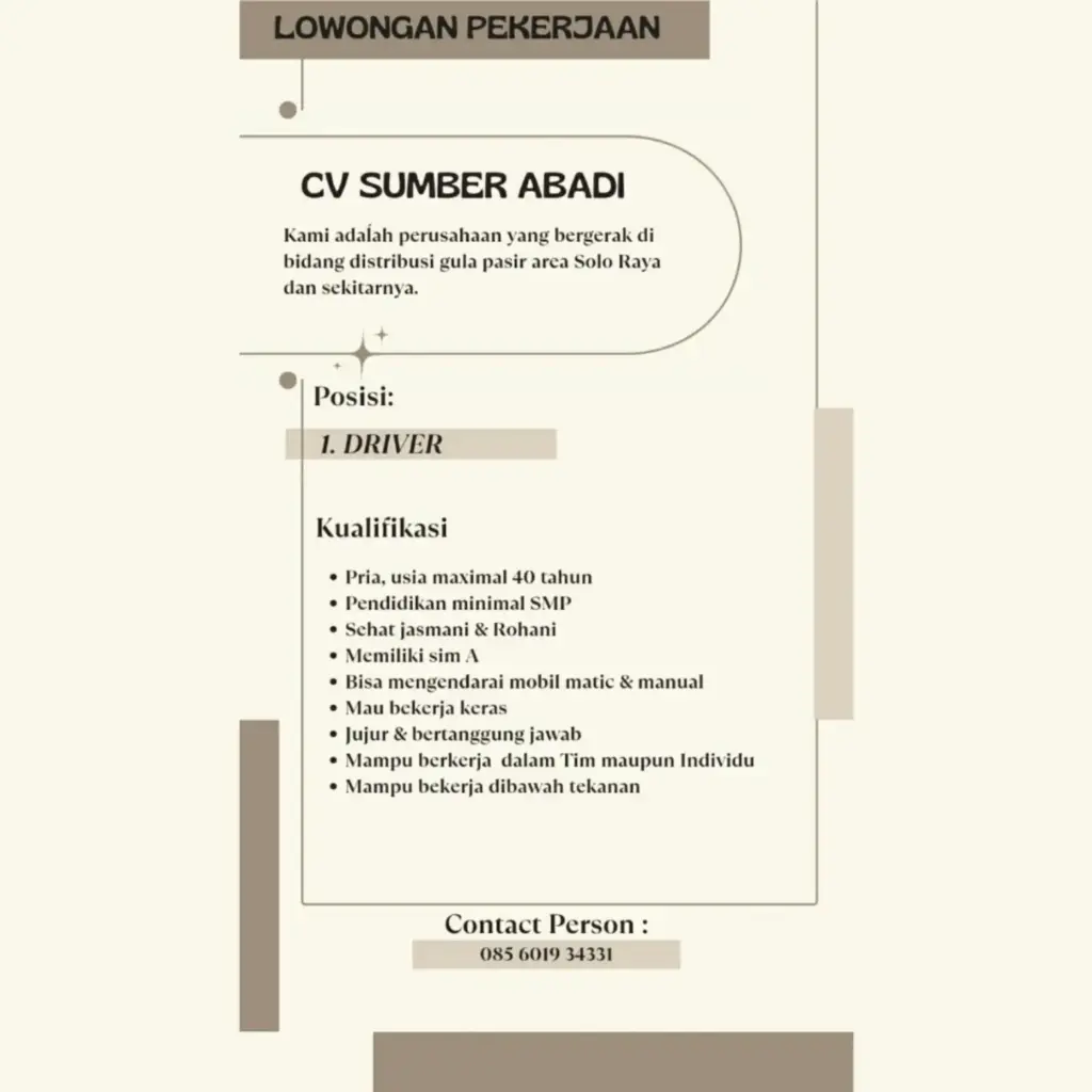 Poster Lowongan Kerja DRIVER - CV SUMBER ABADI