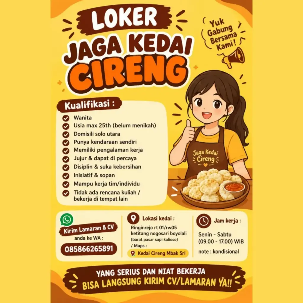 Poster Lowongan Kerja Jaga Kedai Cireng - Kedai Cireng Mbak Sri