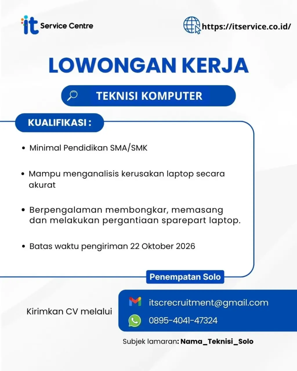 Poster Lowongan Kerja Teknisi Komputer - IT Service Centre