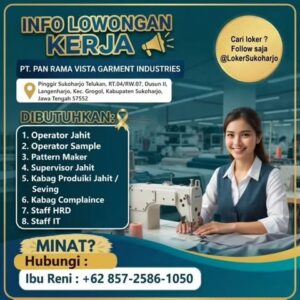 Lowongan Kerja di PT. PAN RAMA VISTA GARMENT INDUSTRIES (8 Posisi (Operator Jahit, Operator Sample, dll)) – Sukoharjo