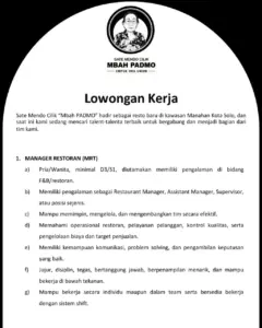 Lowongan Kerja Waiter / Waitress di Sate Mendo Cilik Mbah PADMO (Manahan, Solo)