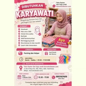 Lowongan Kerja Karyawati (Packing dan Helper) di Toko Daster dan baju anak Konveksidaster.com (Waru, Baki, Sukoharjo)