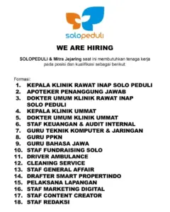 Lowongan Kerja di SOLOPEDULI & MITRA JEJARING (18 Posisi (Kepala Klinik Rawat Inap Solo Peduli, Apoteker Penanggung Jawab, dll)) – Solo Raya