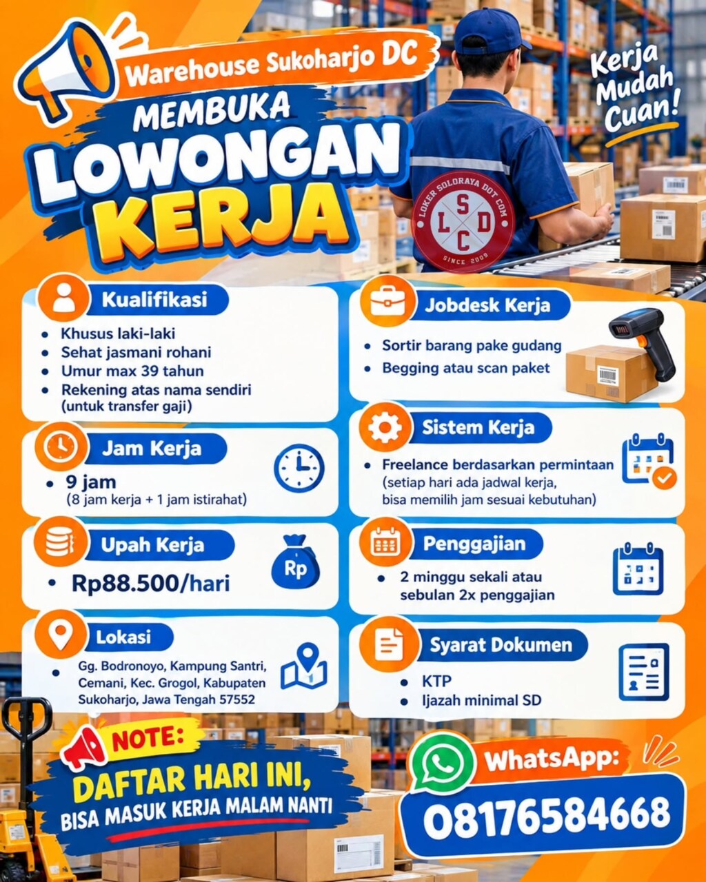 Poster Lowongan Kerja Staff Warehouse (Sortir Barang & Scan Paket) - Warehouse Sukoharjo DC