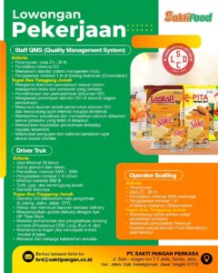 Lowongan Kerja di PT Sakti Pangan Perkasa (Staff QMS (Quality Management System), Operator Scalling, & Driver Truk) – Karanganyar