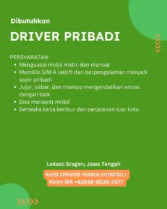 Lowongan Kerja DRIVER PRIBADI di Perusahaan (Sragen, Jawa Tengah)
