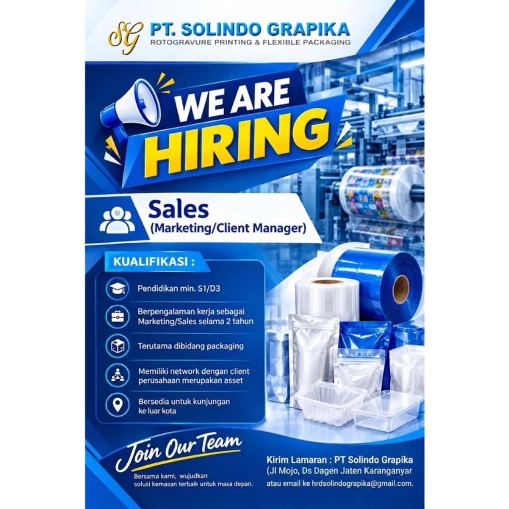 Poster Lowongan Kerja Sales (Marketing/Client Manager) - PT Solindo Grapika