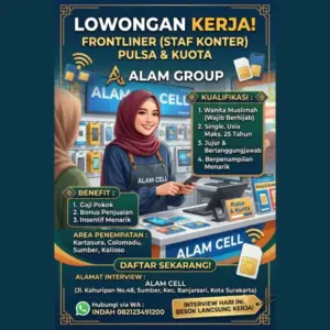 Lowongan Kerja Frontliner / Staf Konter Pulsa & Kuota di Alam Cell (Kartasura, Colomadu, Sumber, Kalioso)