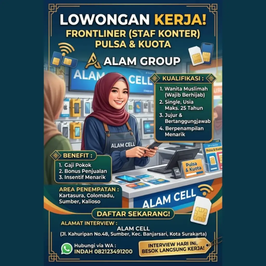 Poster Lowongan Kerja Frontliner / Staf Konter Pulsa & Kuota - Alam Cell