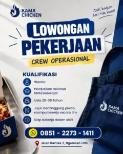 Lowongan Kerja CREW OPERASIONAL di KAMA CHICKEN (Jl. Kartika 3, Ngoresan, UNS)