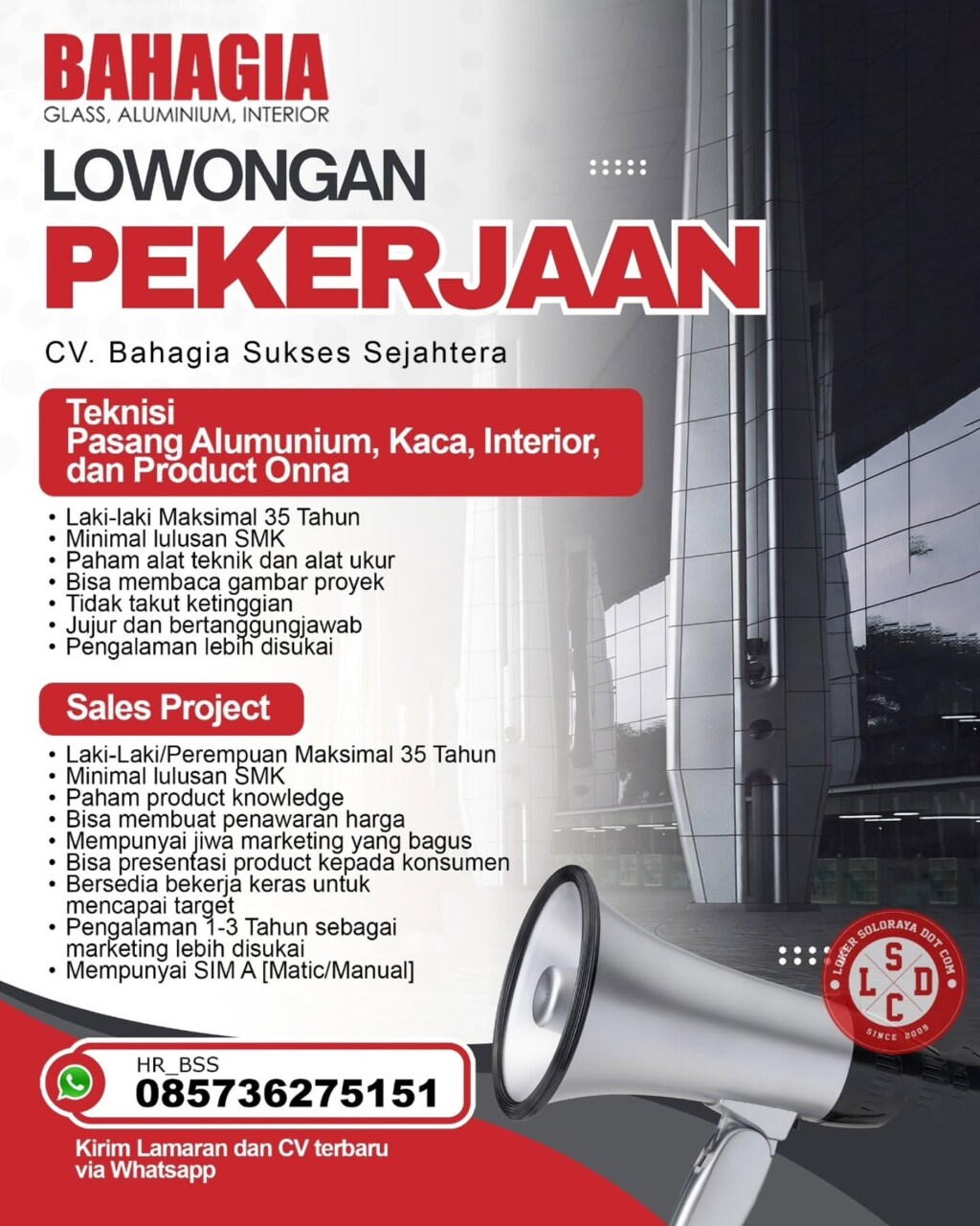 Poster Lowongan Kerja CV. Bahagia Sukses Sejahtera Slide 1