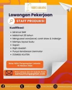 Lowongan Kerja STAFF PRODUKSI di PENERBIT CV. SARNU UNTUNG (Klaten)