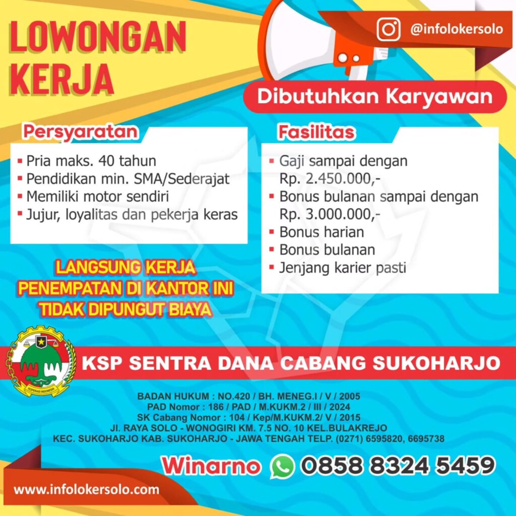 Poster Lowongan Kerja Karyawan - KSP Sentra Dana Cabang Sukoharjo