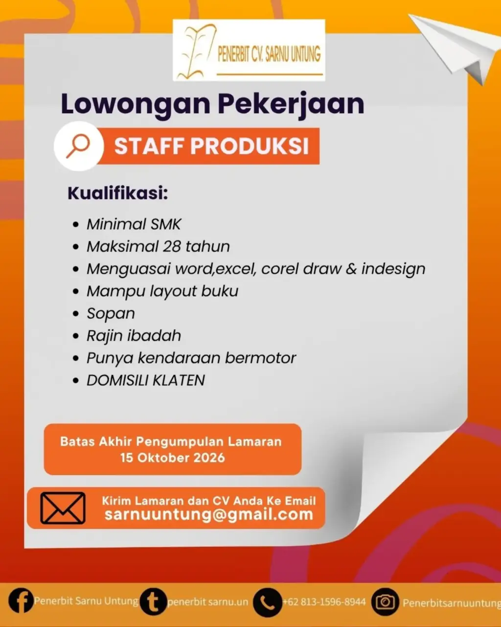 Poster Lowongan Kerja STAFF PRODUKSI - PENERBIT CV. SARNU UNTUNG