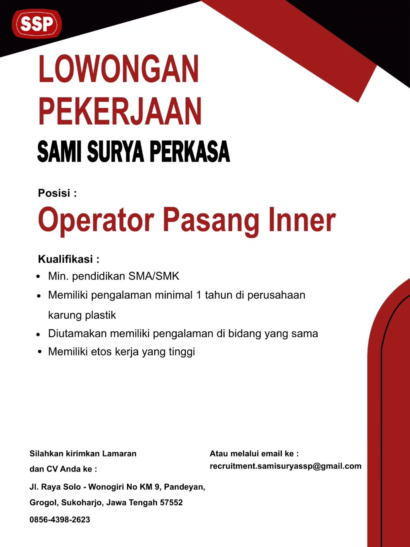 Poster Lowongan Kerja PT Sami Surya Perkasa Slide 11
