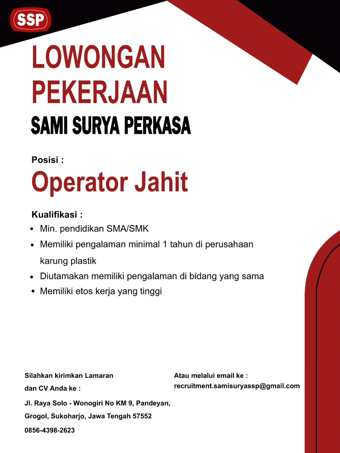 Poster Lowongan Kerja PT Sami Surya Perkasa Slide 12
